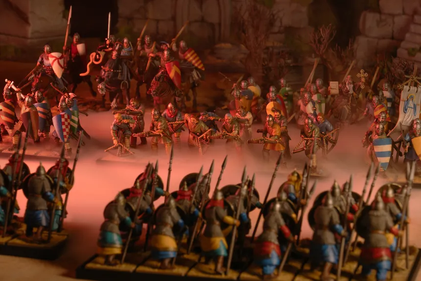 Crusader crossbowmen facing off against Seljuk spearmen advancing towards them