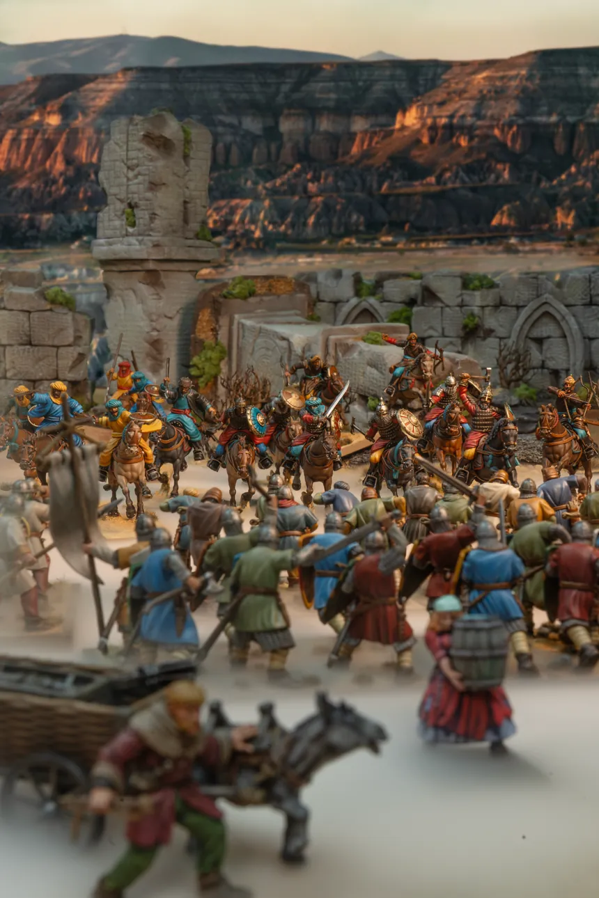 Seljuk cavalry - Turkmen Skirmishers, Turkmen Steppe Archers and Baghatur Ghulam Cavalry - spring an ambush from the ruins on a column of Crusaders