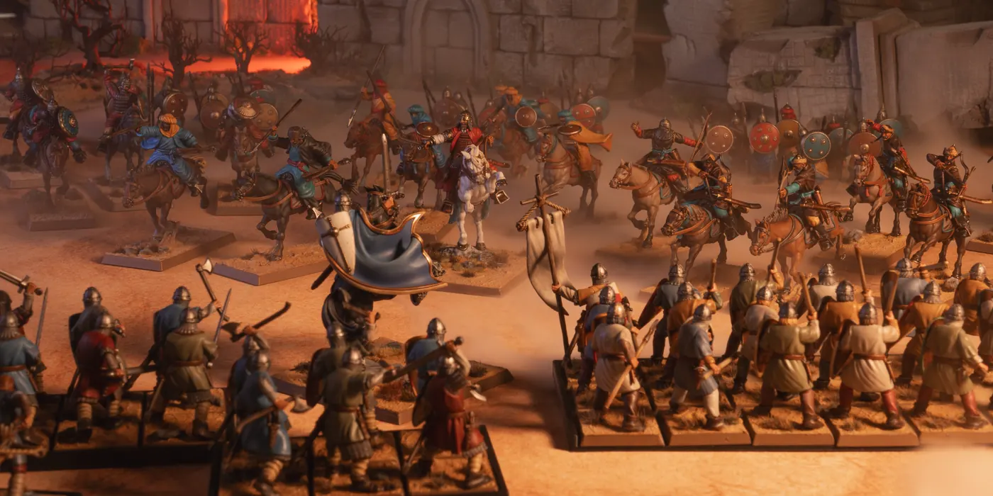 Painted Seljuk cavalry charging through dust towards Crusader infantry